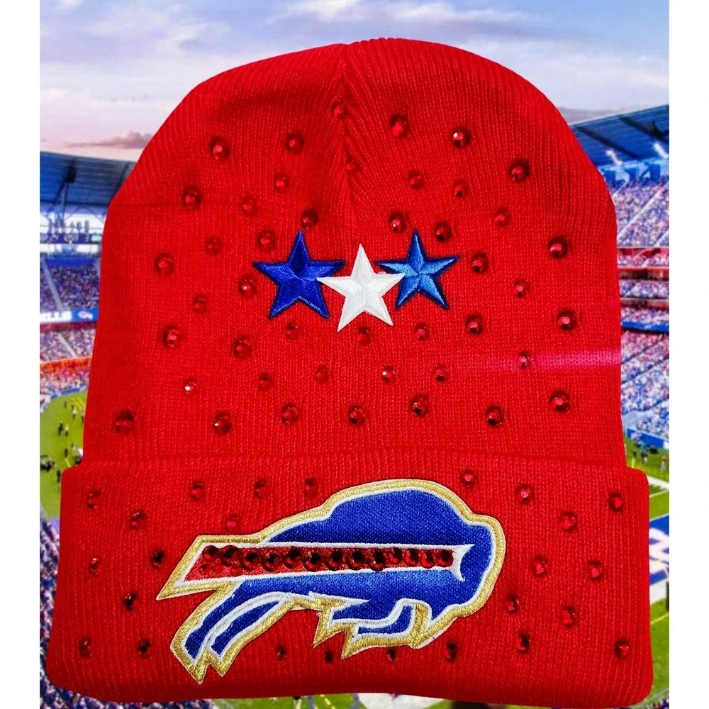 Buffalo Bills Beanie Red design‎ with logo-gold trimming, stars, rhinestones